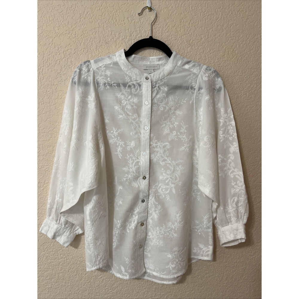 Jennifer & Grace White Embroidered Lace Button Up Blouse Shirt Ballon Slv Sz M